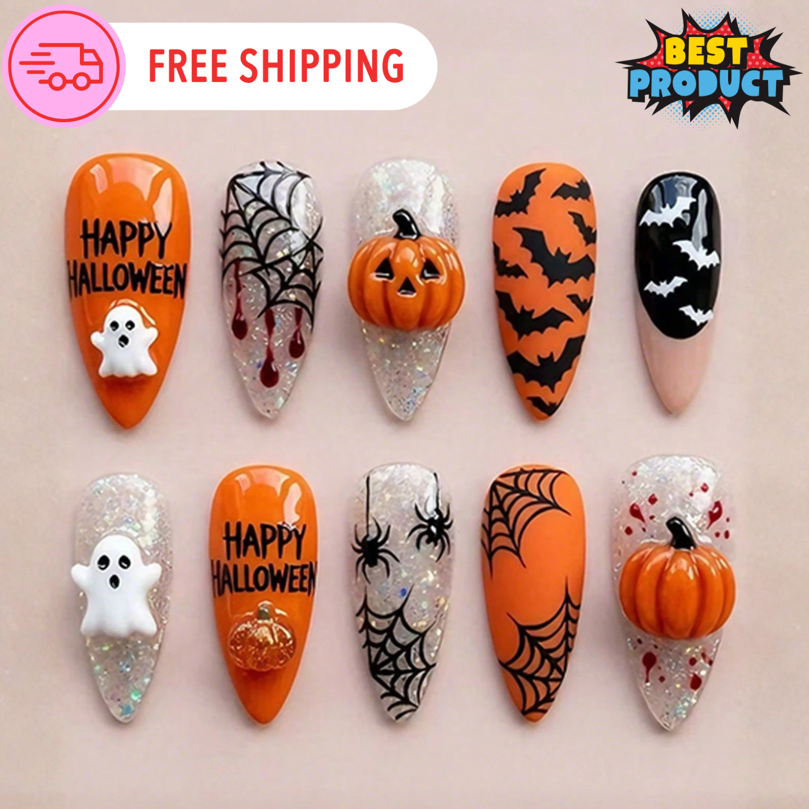 10pcs Halloween Press On Nails For Women & Girls 3D Nail Extenders Haloween Gift