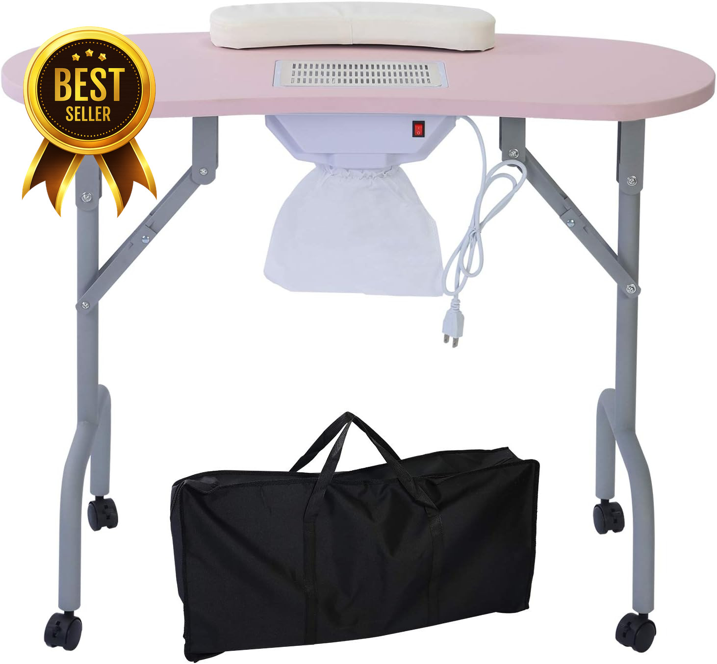 36in Foldable Manicure Table with Dust Collector Wheels Wrist Pad Pink