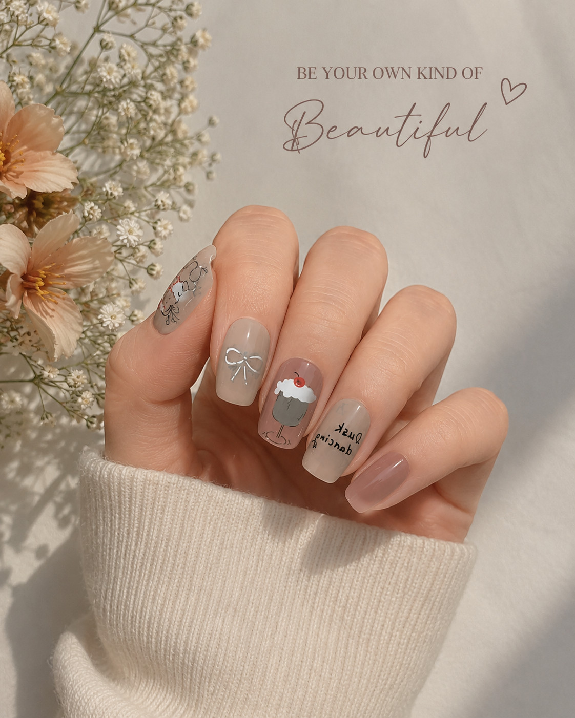 Warm Nude Kawaii Cartoon Press-On Nails – Glossy Square False Nails – Medium
