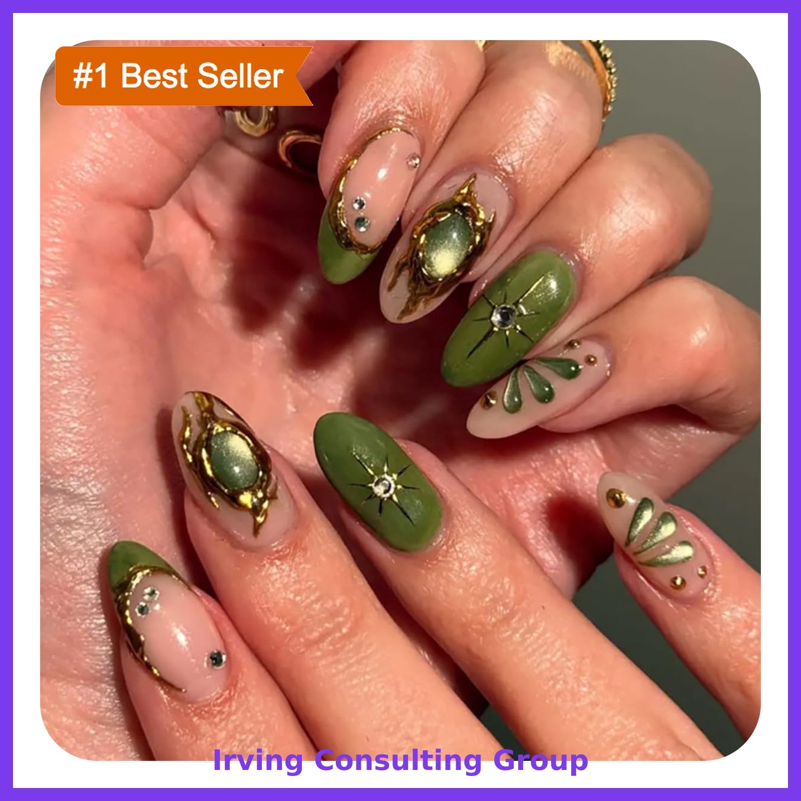 HPYFOI Short Almond Green Gold Press On Nails