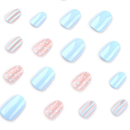 Pastel Blue Polka Dot Press on Nails Oval – Light Blue Short Fake Nails Style-1
