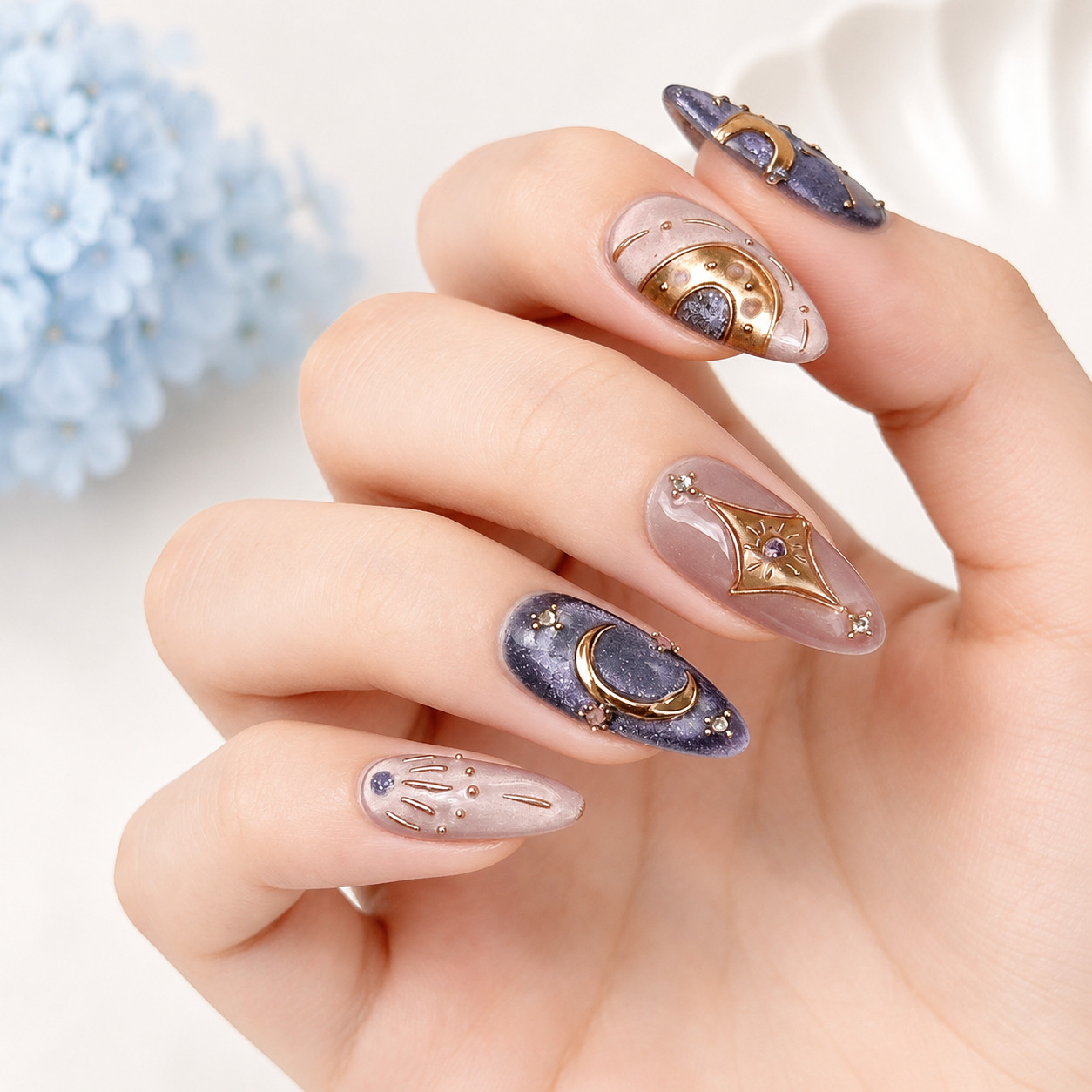 Press On Nails Medium Almond Celestial Moon Star Gold Purple Rhinestone Nail Set