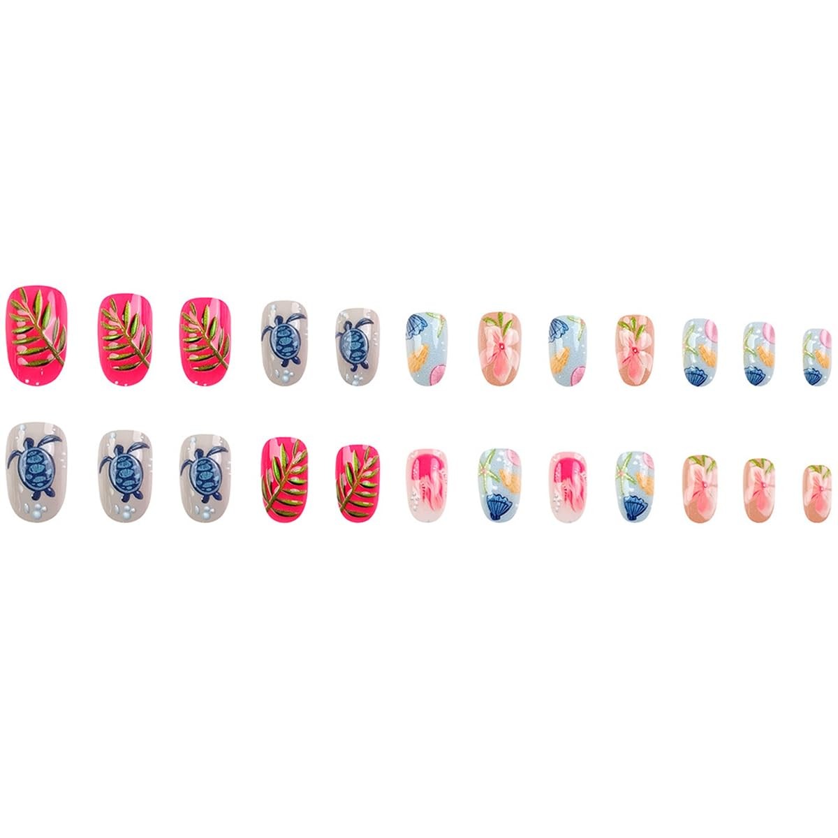 Summer Ocean Press on Nails Short Oval – Cute Sea Turtle, Starfish, Shell & J…