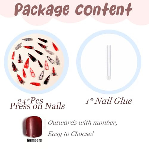Stiletto Press on Nails Long Fake Nails Black Red Glue on Nails Bow ANS214goth