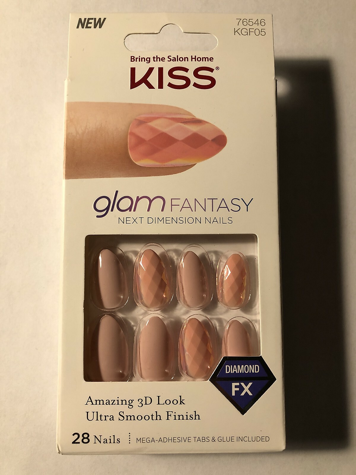 KISS Glam Fantasy Size Medium Pink 3D Diamond FX Nails 28 Count Adhesive & Glue
