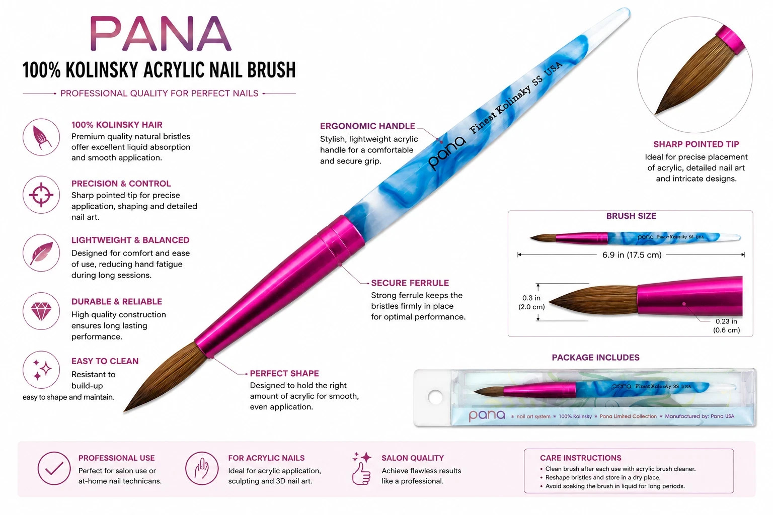 2 PACK PANA USA Acrylic Nail Brush Pure Kolinsky Hair Acrylic SIZE 8