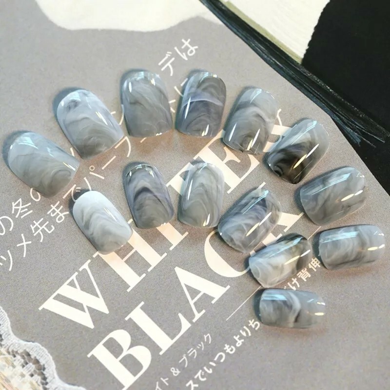 Gray marble short Press On Nails Glue On 24 Kit grey