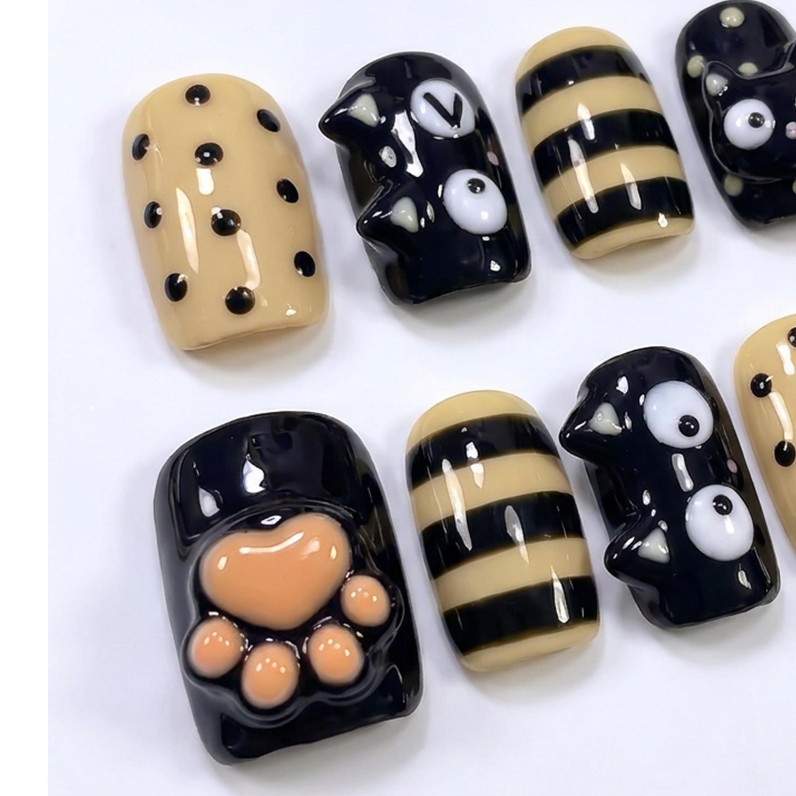 Handmade Custom 3D Black Cat Paw Polka Dot Stripe Square Press on Nails