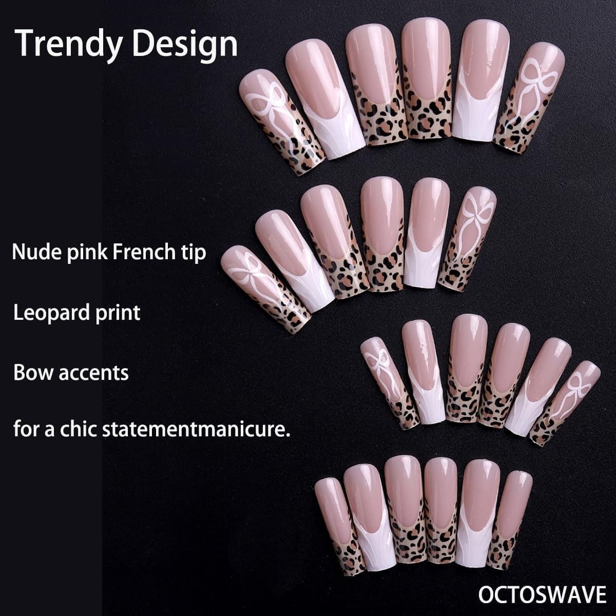 OCTOSWAVE Long Square Press On Nails, Nude Pink French Tip Fake Long, White