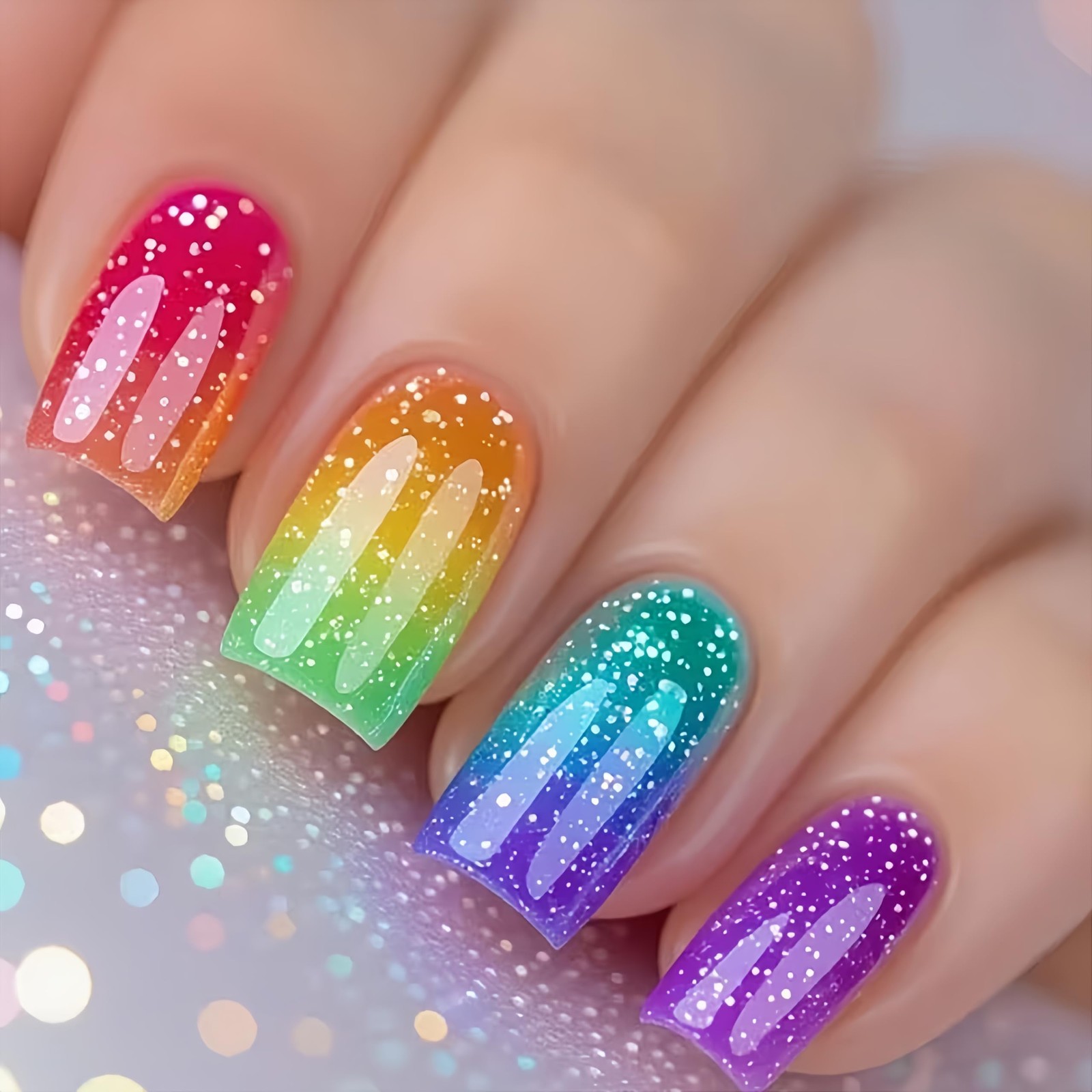 Tephrent 24pcs short square press on nails rainbow