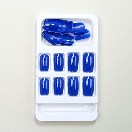 Royal Blue Press on Nails Short Square Fake Nails Glossy Chrome Medium Style 2