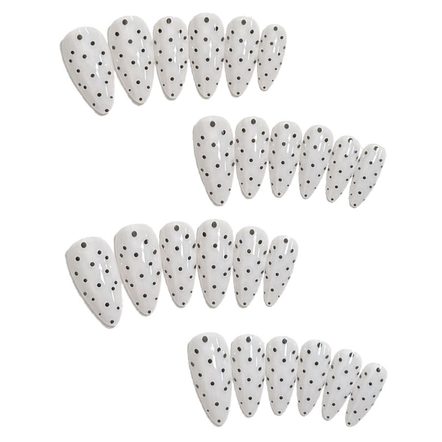 48Pcs-Medium Almond Milky White Black Polka Dot Minimalist Press on Nails
