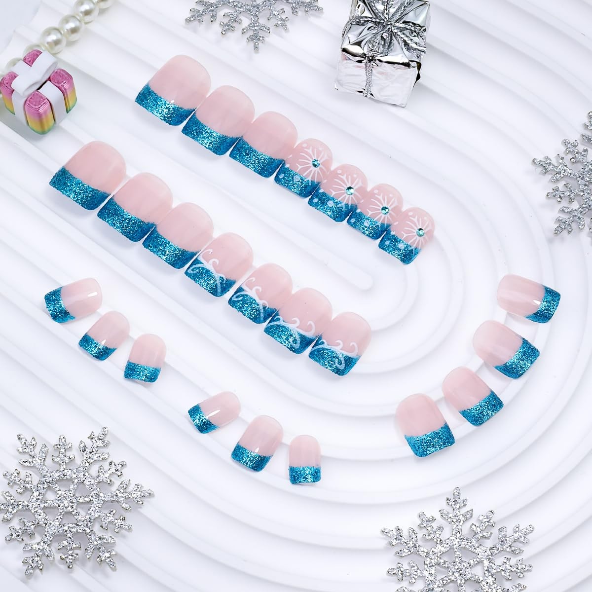 24Pcs Christmas Press on Nails Short Square BMKKOT Winter Fake Multicolor