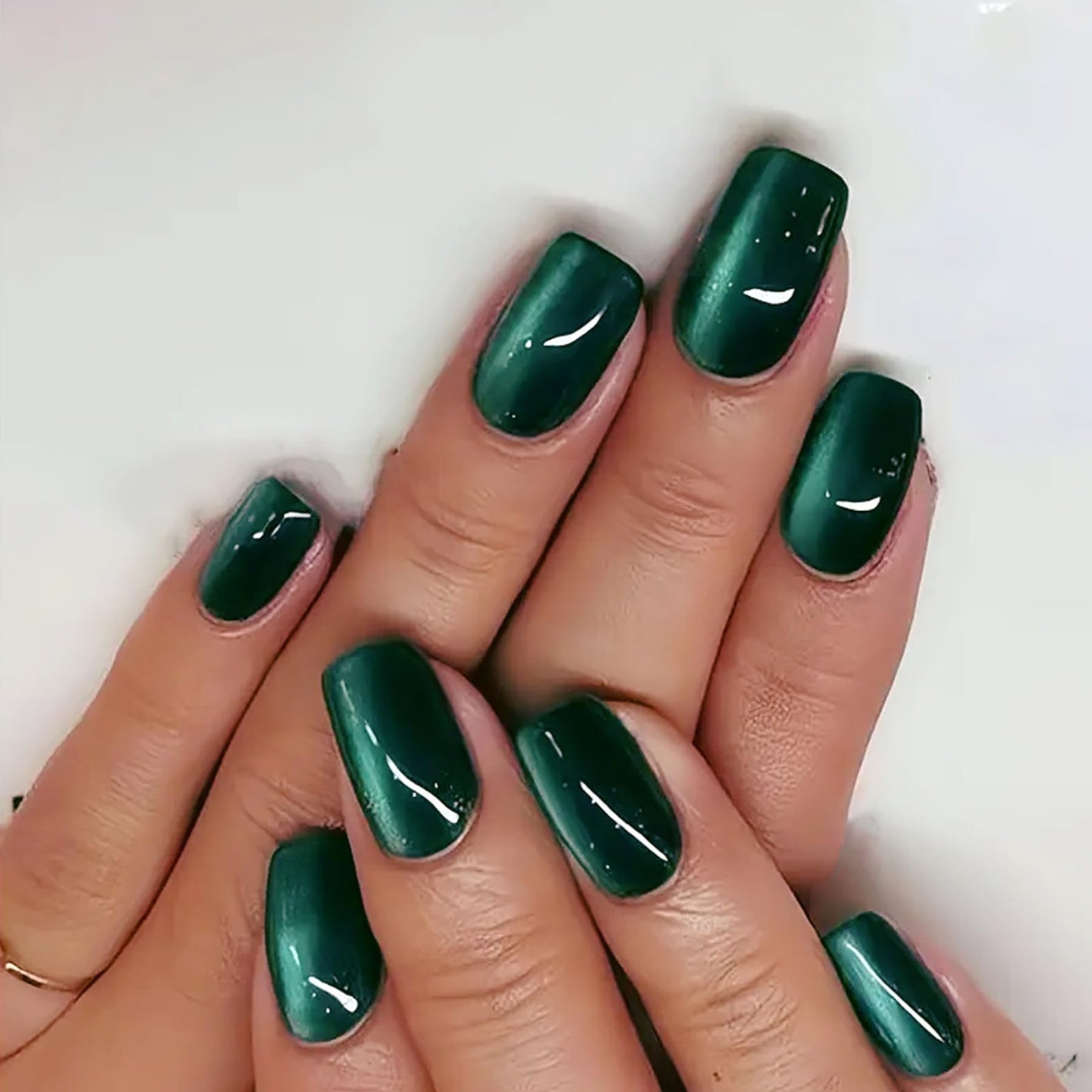 Dark Green Press on Nails Short Square Fake Nails Glossy Cat Eye Acrylic Fals…