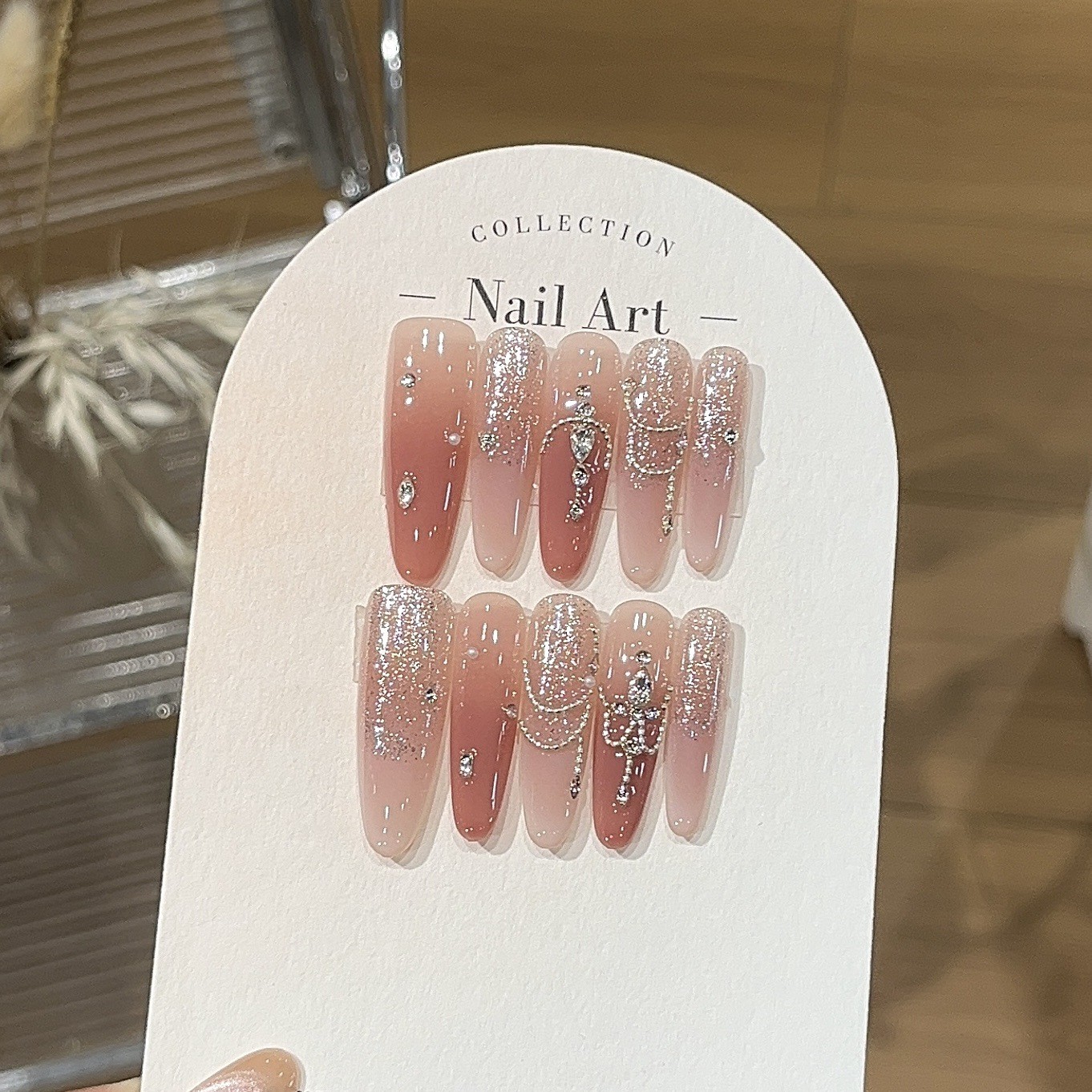 10Pcs Handmade Rose Pink Nails Silver Chain Rhinestone Sweet Dating Look