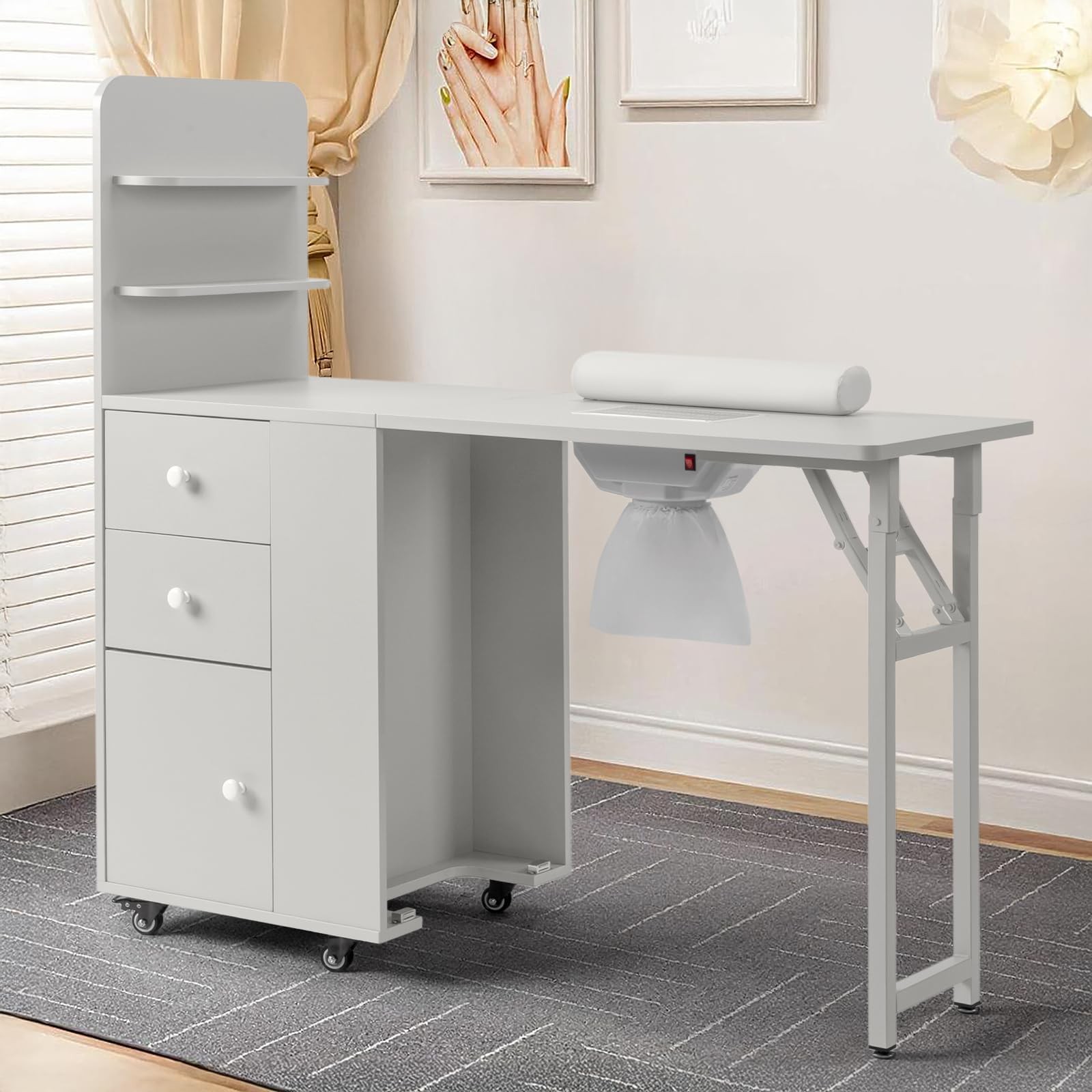All-in-One Foldable Nail Table with Electric Dust Collector, Cabinet, Wrist Rest