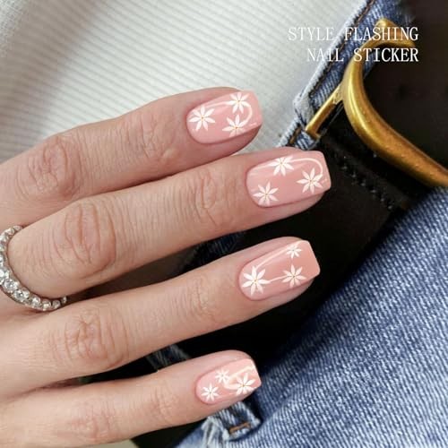 Gel Nail Stickers Cream Pink White Flower Semi Cured Gel Nail Strips Wraps