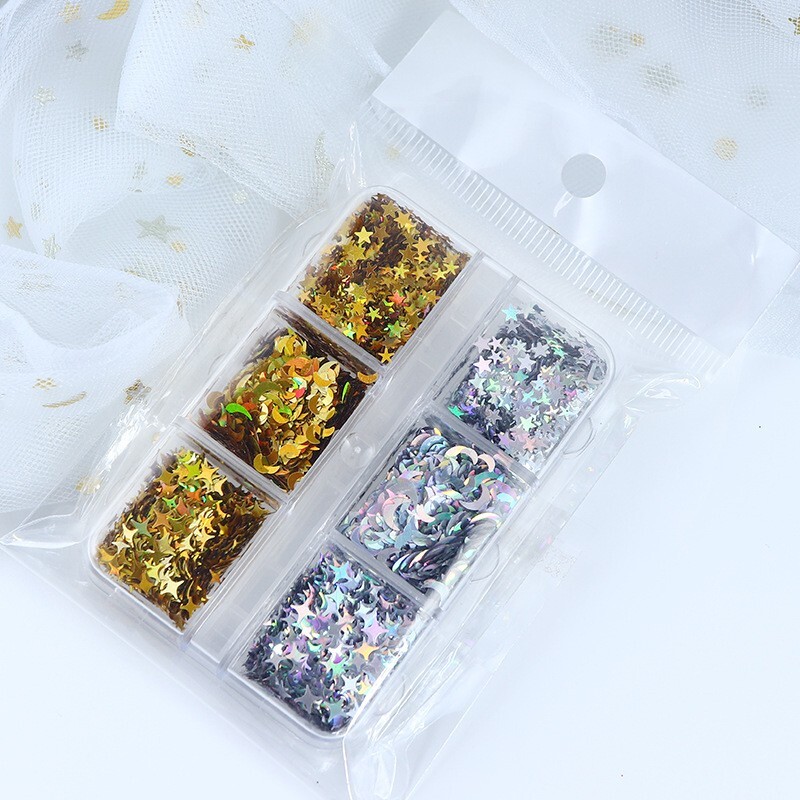 6 Grids Nail Art Sequins Glitter Star Moon Flakes Decoration Set for Nail Tips