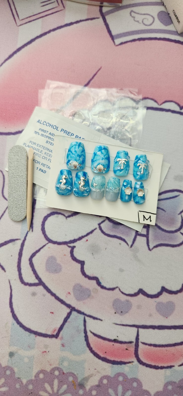 Hand Painted “Ocean Waves” theme Extra Short Coffin Press On Nails (Size M)