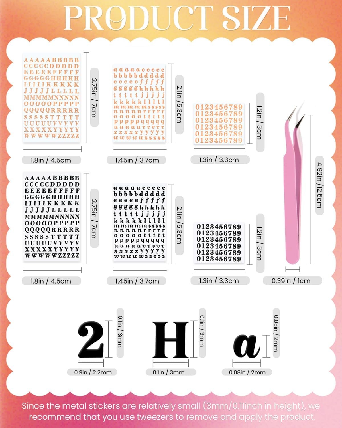 6 Sheets 0.11inch Tiny Letter Stickers Self 0.12inch/3mm, Rose Gold/Black