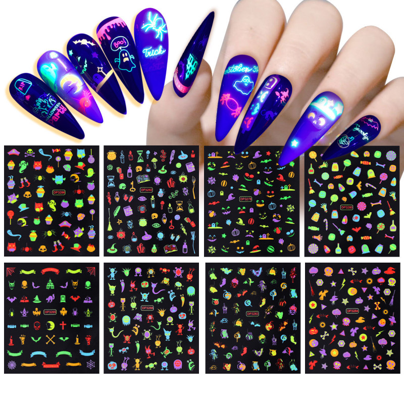 Luminous Halloween Pumpkin Ghost Skull 3D Nail Stickers Glow In Dark Decals NH16