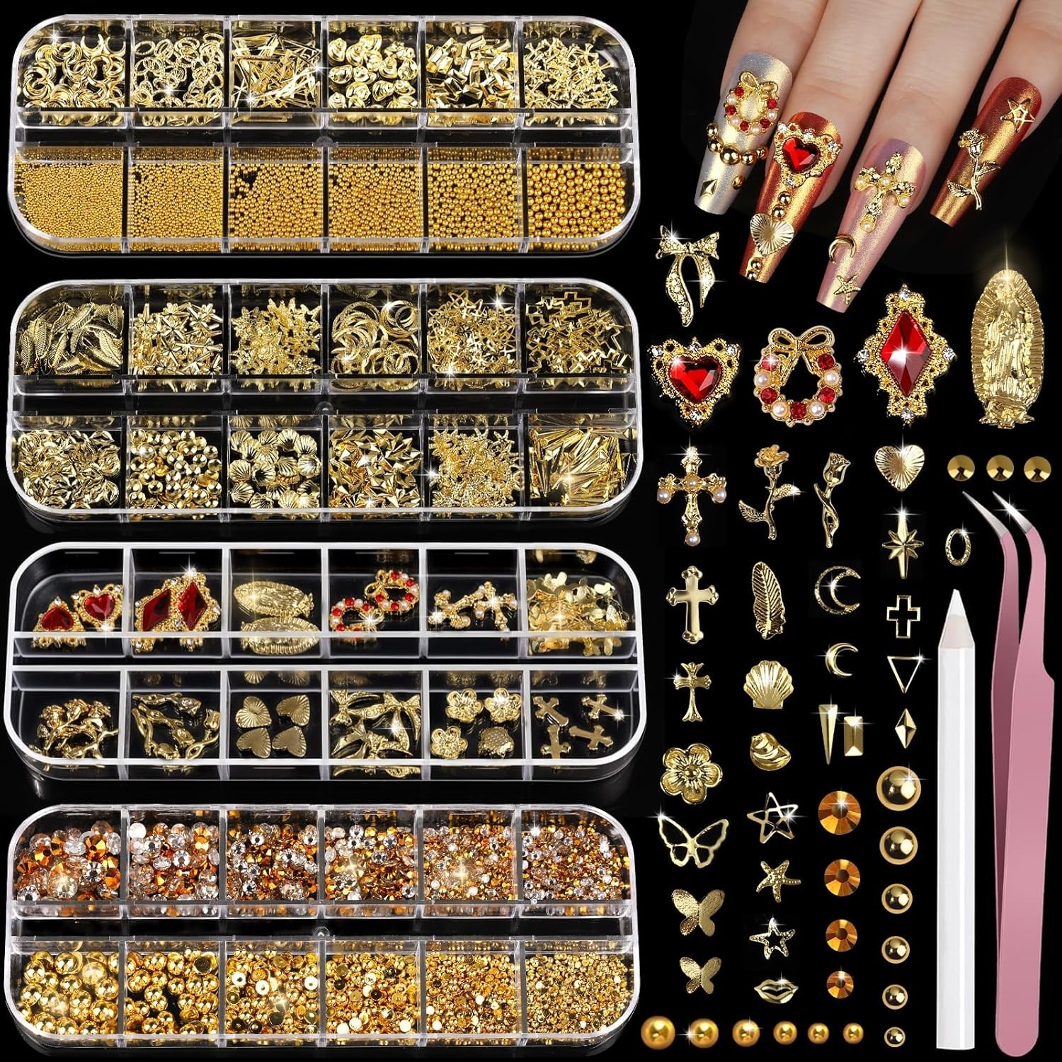 Nail Art Gems Charms Kit Gold Nails Supplies 4 Boxes 3D Rhinestones Pearls