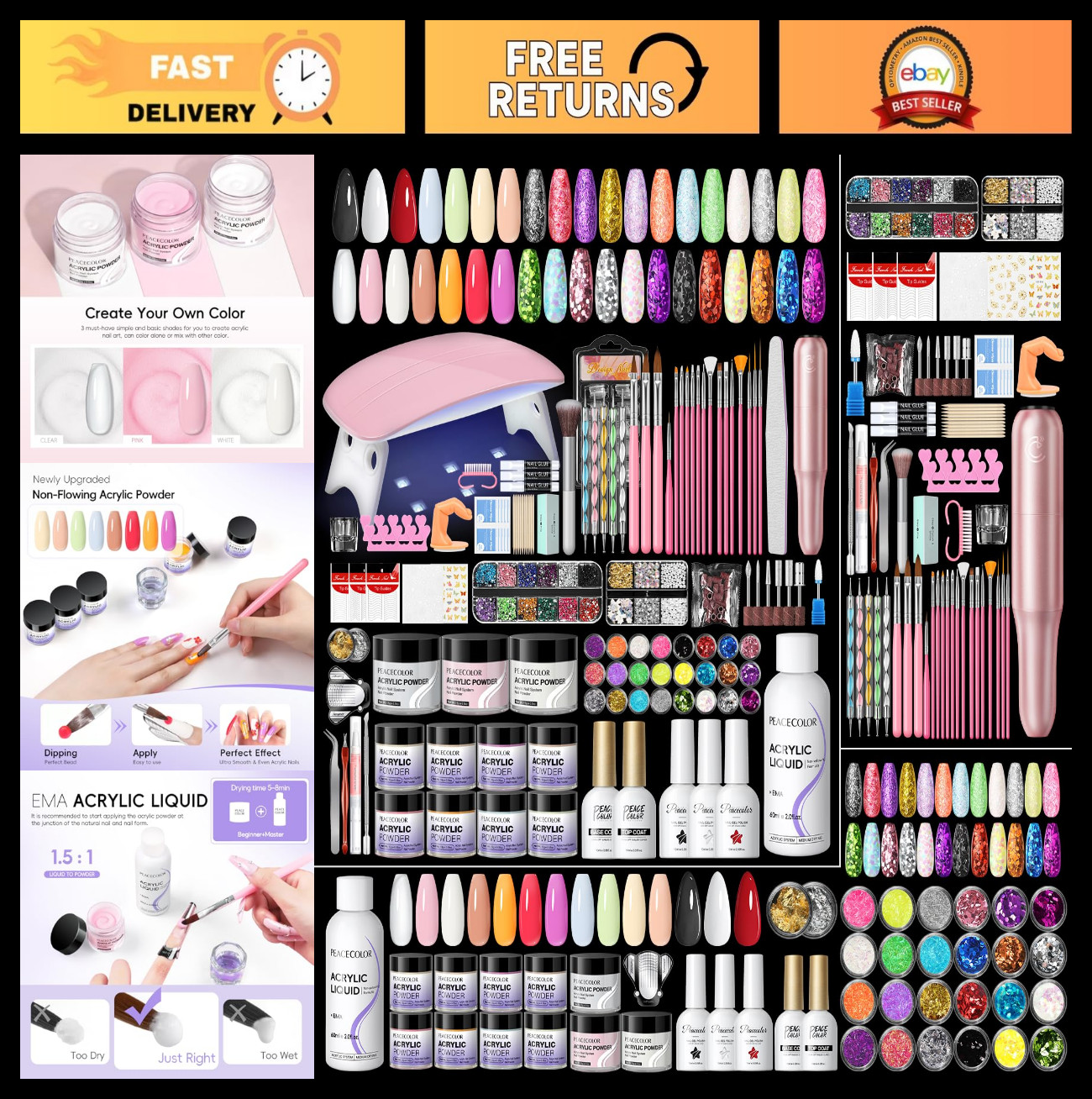 Acrylic Nail Kit for Beginners – 11 Colors Powder, UV Light, Gel Polish, Glitter