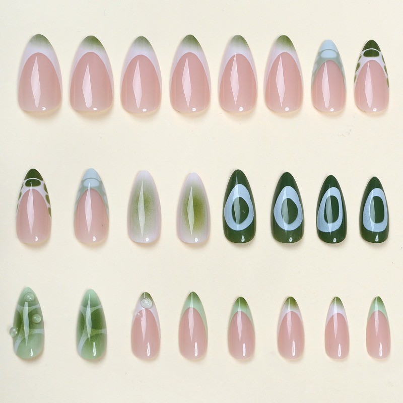 48Pcs-Olive Green Geometric Line Almond Press on Nails Minimalist Daily Nails