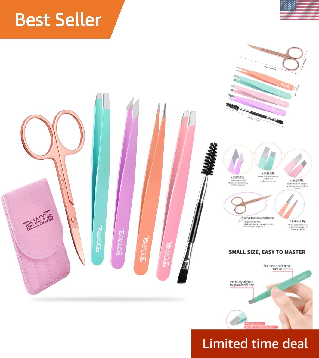 6 PCS Tweezers Set for Women, Eyebrow Tweezers with Curved Scissor w/ Case