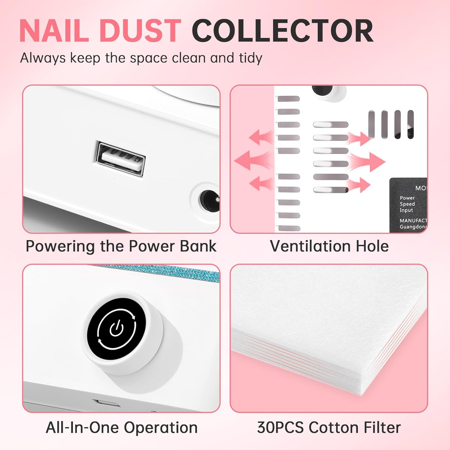 Nail Dust Collector, Bling Diamond Cordless Rechargeable 5000RPM Vacuum Nail Tec