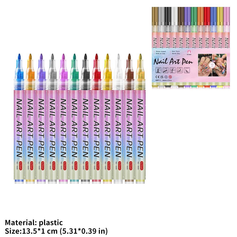 12Pcs Nail Art Pen Marker Set – 0.5/0.7mm Fine Tip for Precise Graffiti Drawing
