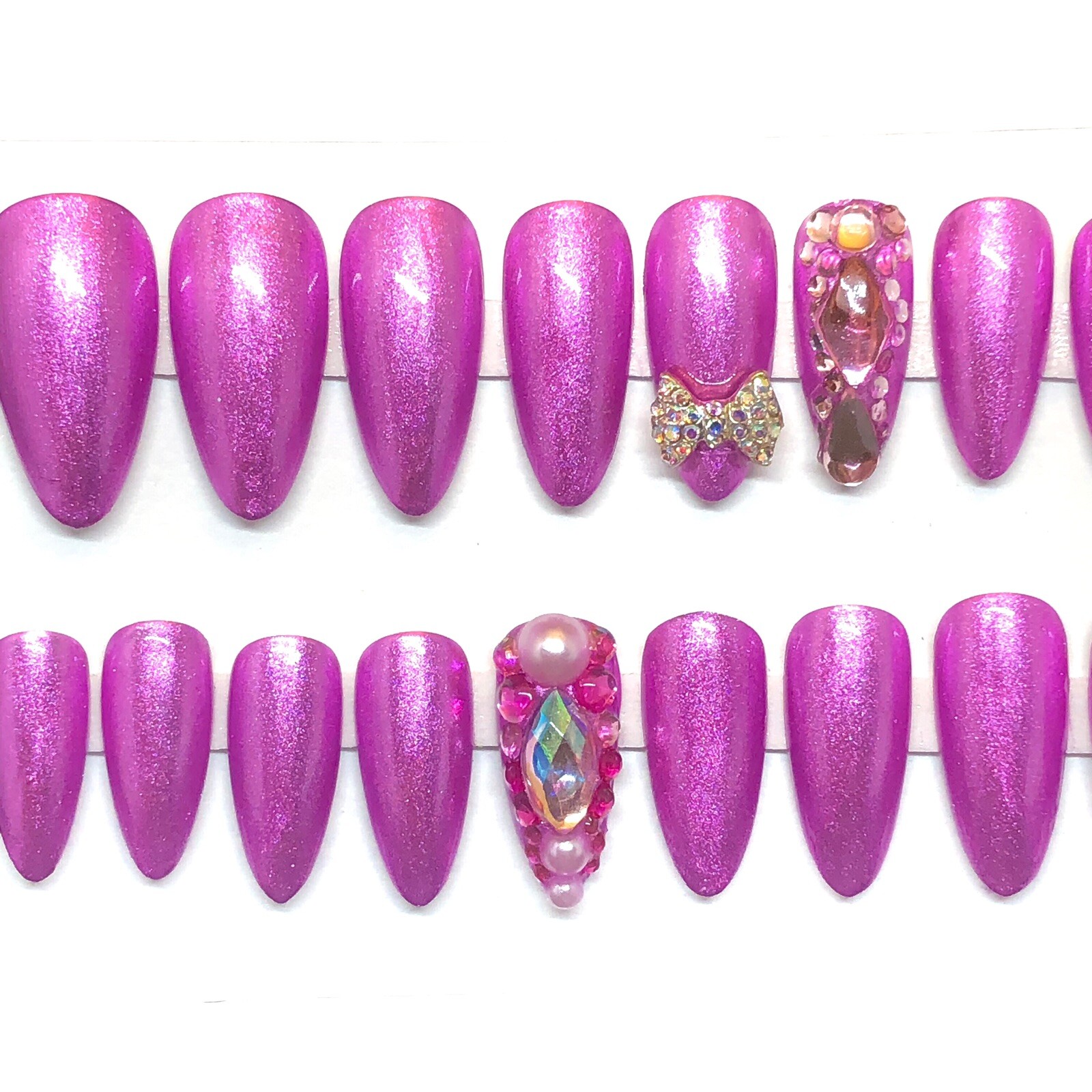 Handmade UV Gel Press On Nails Medium Length Almond Shape Pink Metallic & Bling