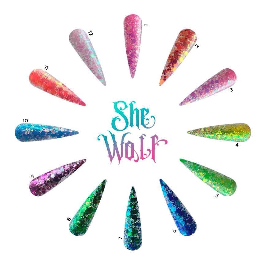 Tones She Wolf Nail Glitter Iridescent Set Of 12 Shakira New Nail Tech Art Kit