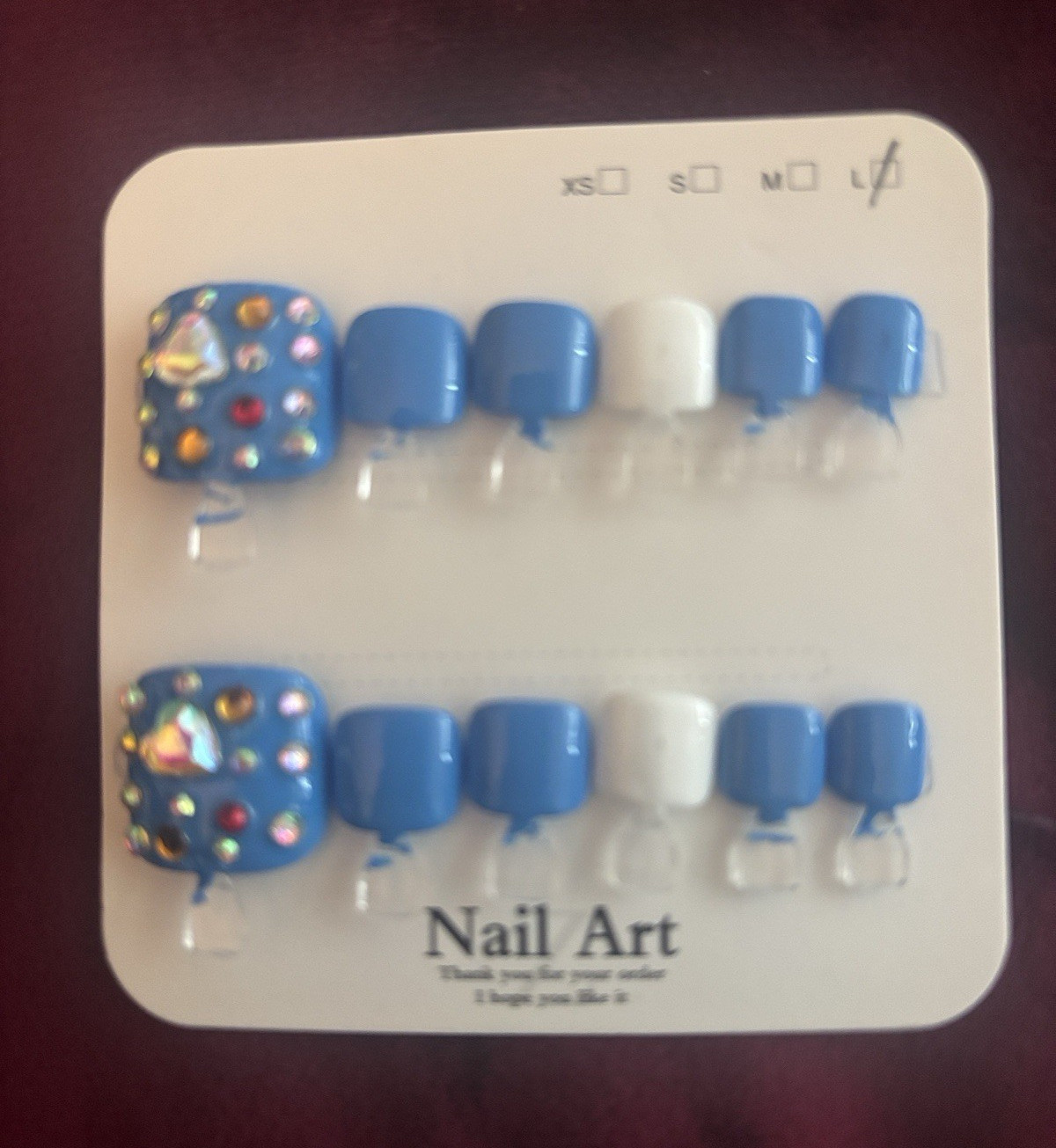 Press-On Nails Set Blue/White 3D Rhinestone Pre-Designed Short Square