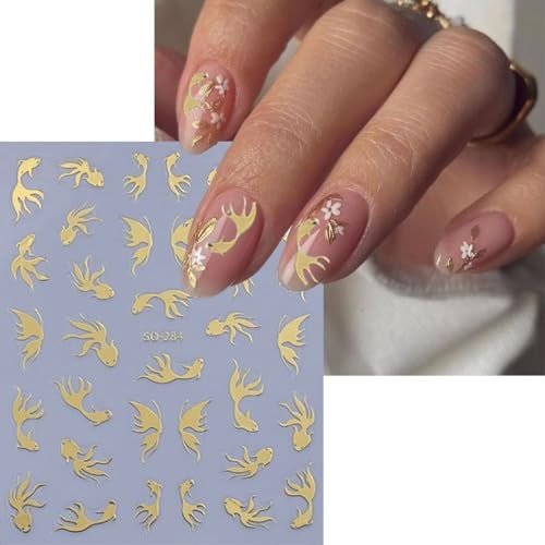 6 Pcs Nail Stickers 3D Self-Adhesive Nail Art Sticker Sparkly Nail Goldfish