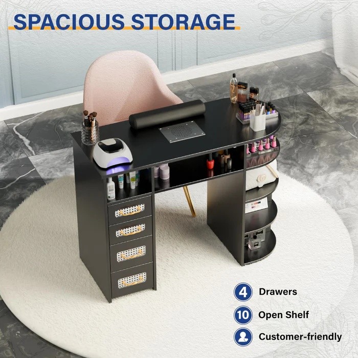 Manicure Table with Electric Dust Collector, Display Storage for Nail Technician