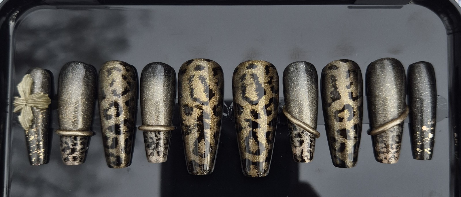 Gold Black Glitter Leopard Coffin Press-On Nails Pre-Designed Full Cover