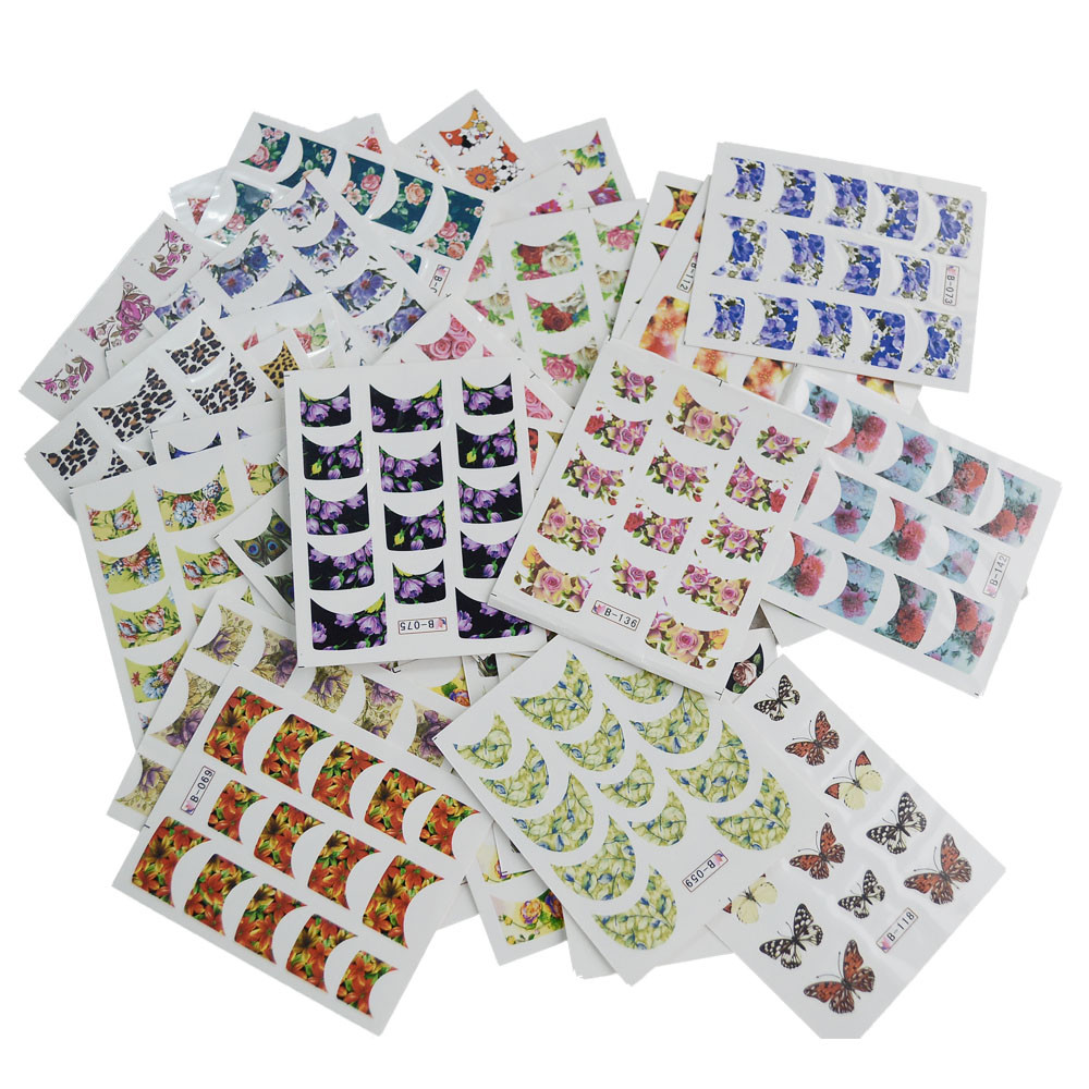 44 Designs Water Transfer French Tip Nail Stickers Flower Butterfly Bird Feather
