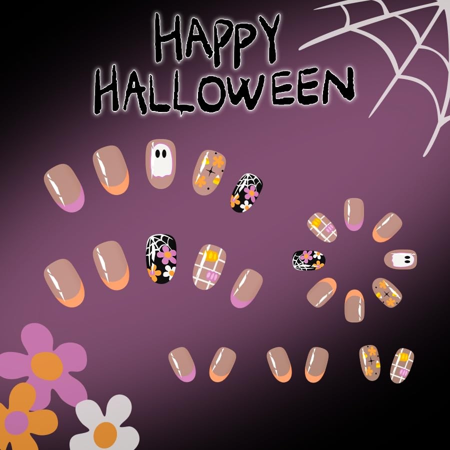 Halloween Press on Nails | Short Oval Fake Nails with Ghost Flower Bat Patter…