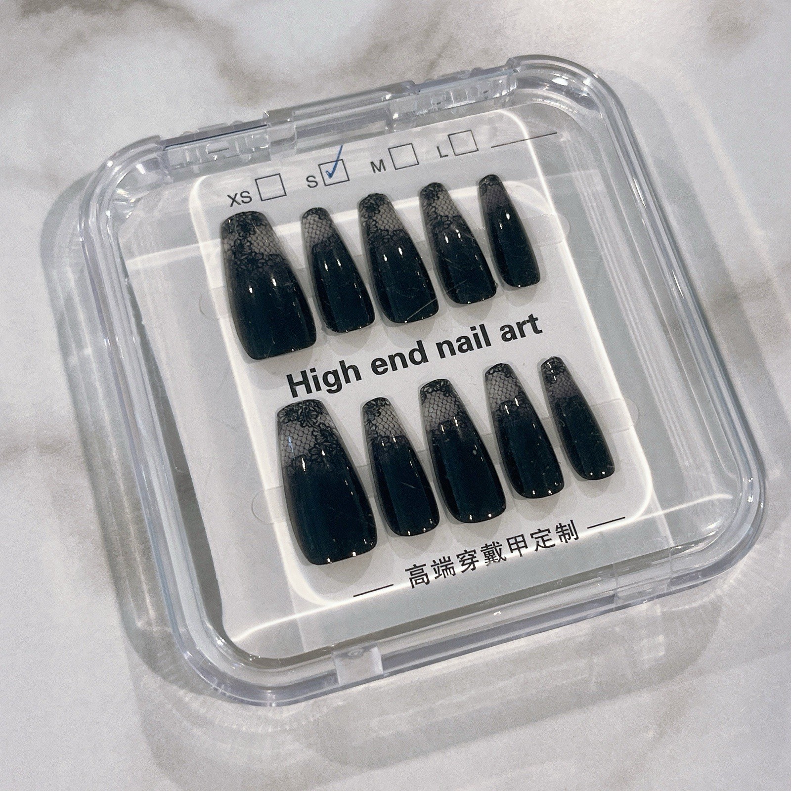 Black Lace Press On Nails Long Coffin 10Pcs (S-L)