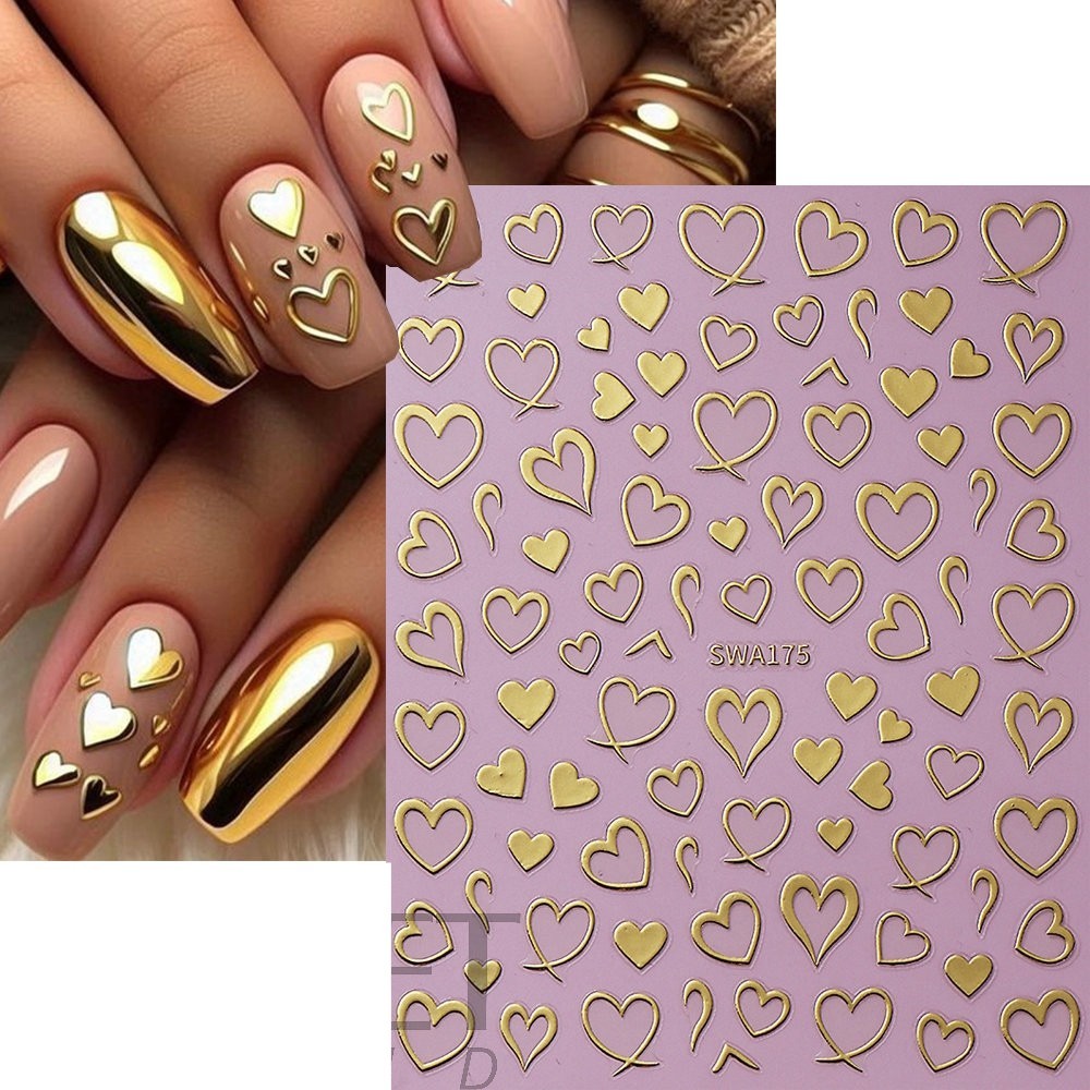 Red Hearts Nail Art Stickers Valentine Hollow Heart Gold Silver