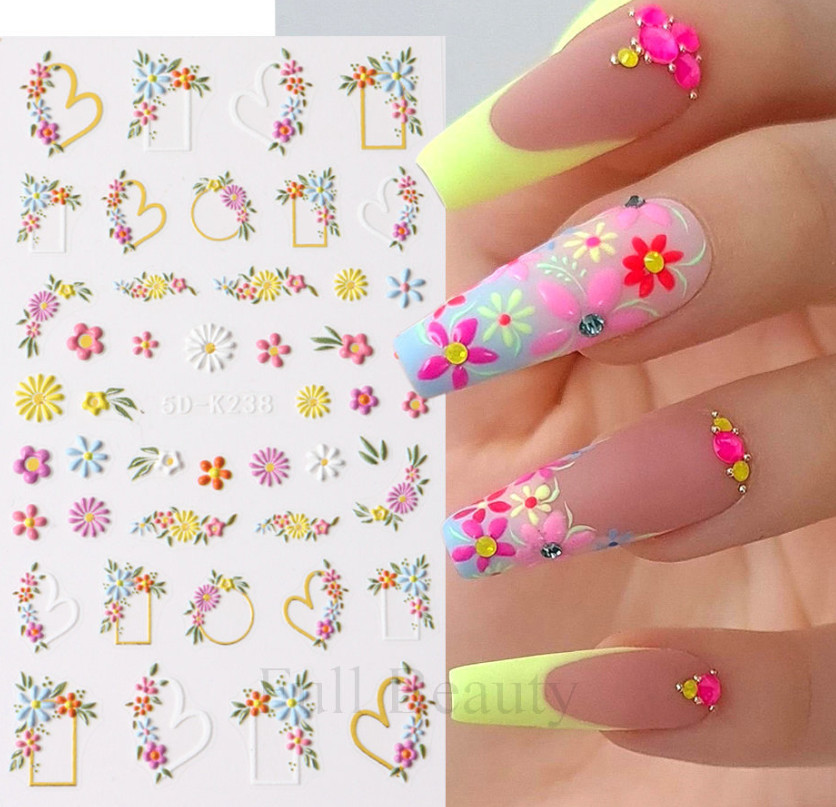 5D Embossed French Colorful Flower Love Daisy Fingers Toe Nail Art Stickers NS13