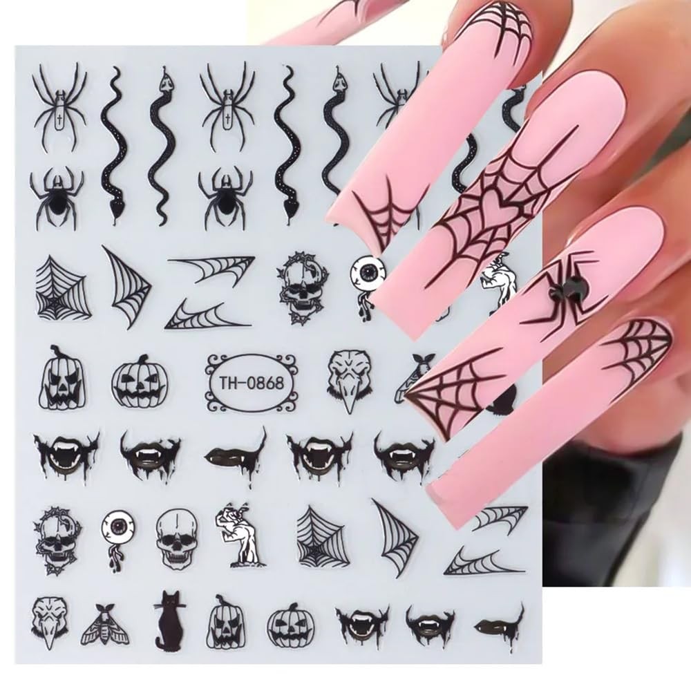 Halloween Nail Stickers, 6 Sheets Black Ghost Nail Decals 3D Self-Adhesive Small