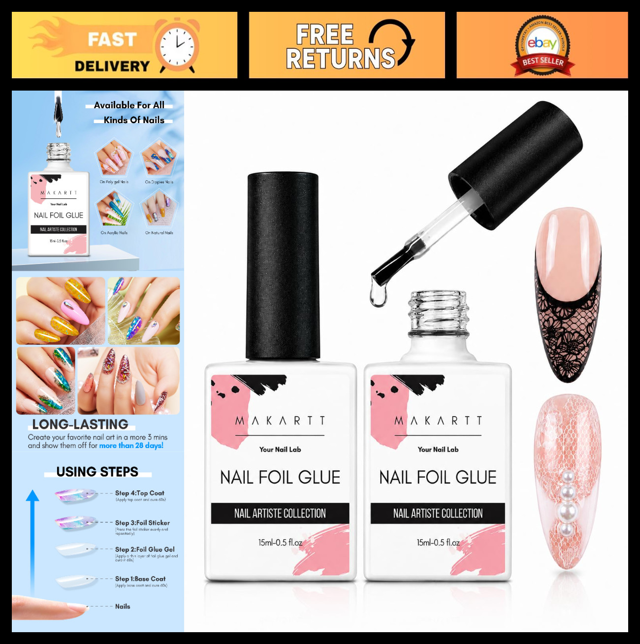 Nail Foil Glue Transfer Gel 2Pcs 15ML – Strong Adhesion for Nail Art Stickers, D
