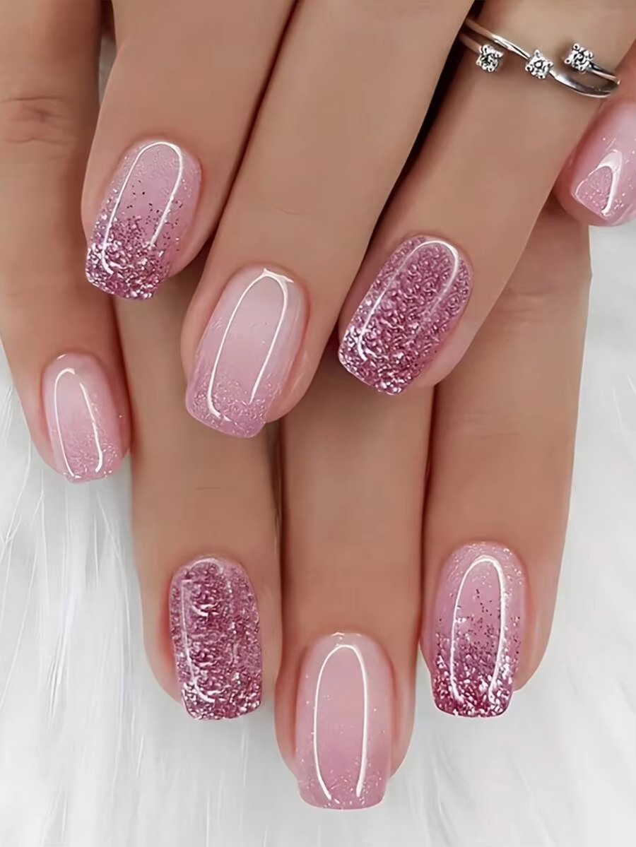 ✨ 24pcs Glossy Pink Ombre Press-On Nails | Medium Coffin Fake Nails 💅