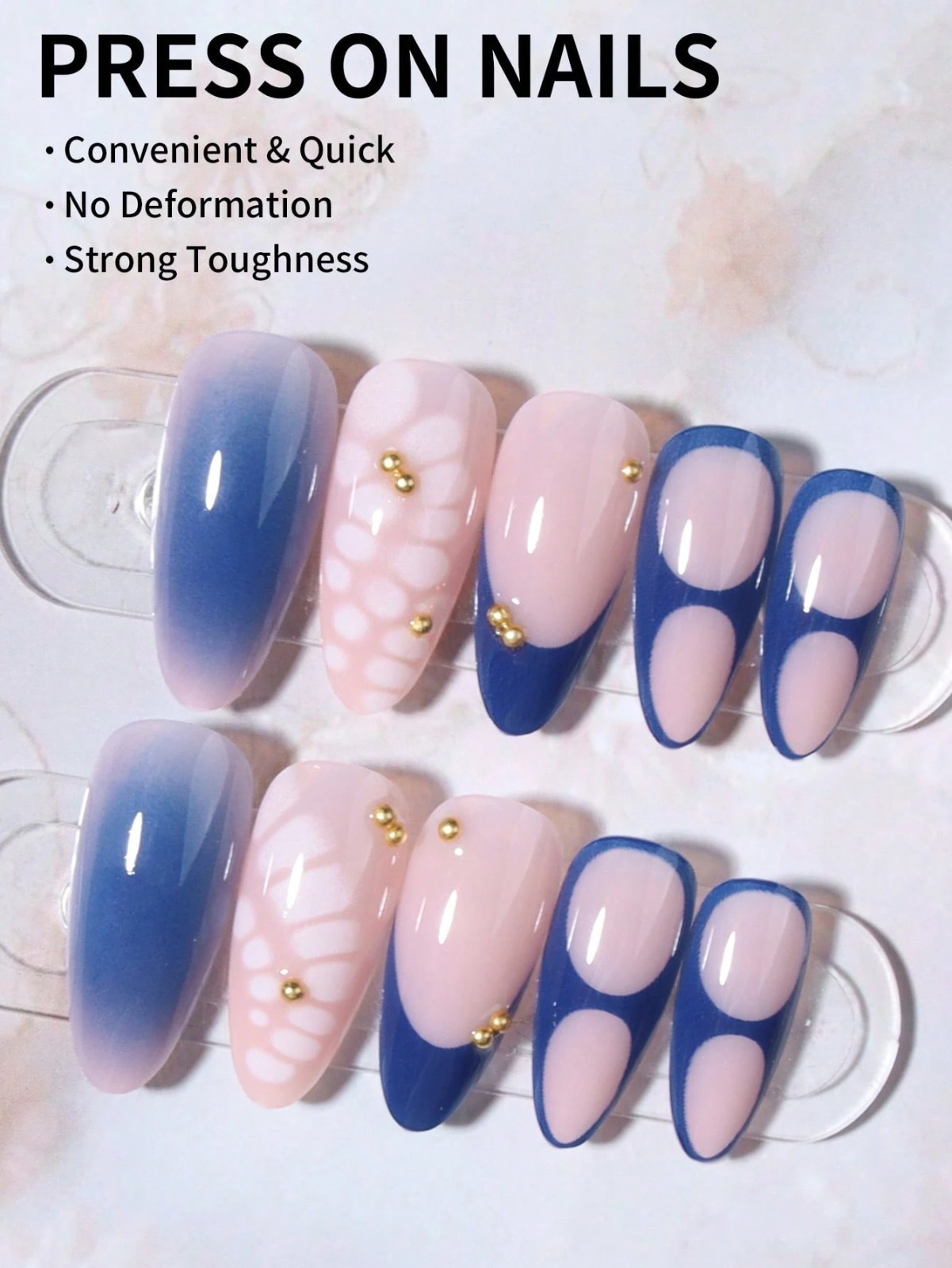 Blue Ombre Starfish Almond Press On Nails with Gold Beads