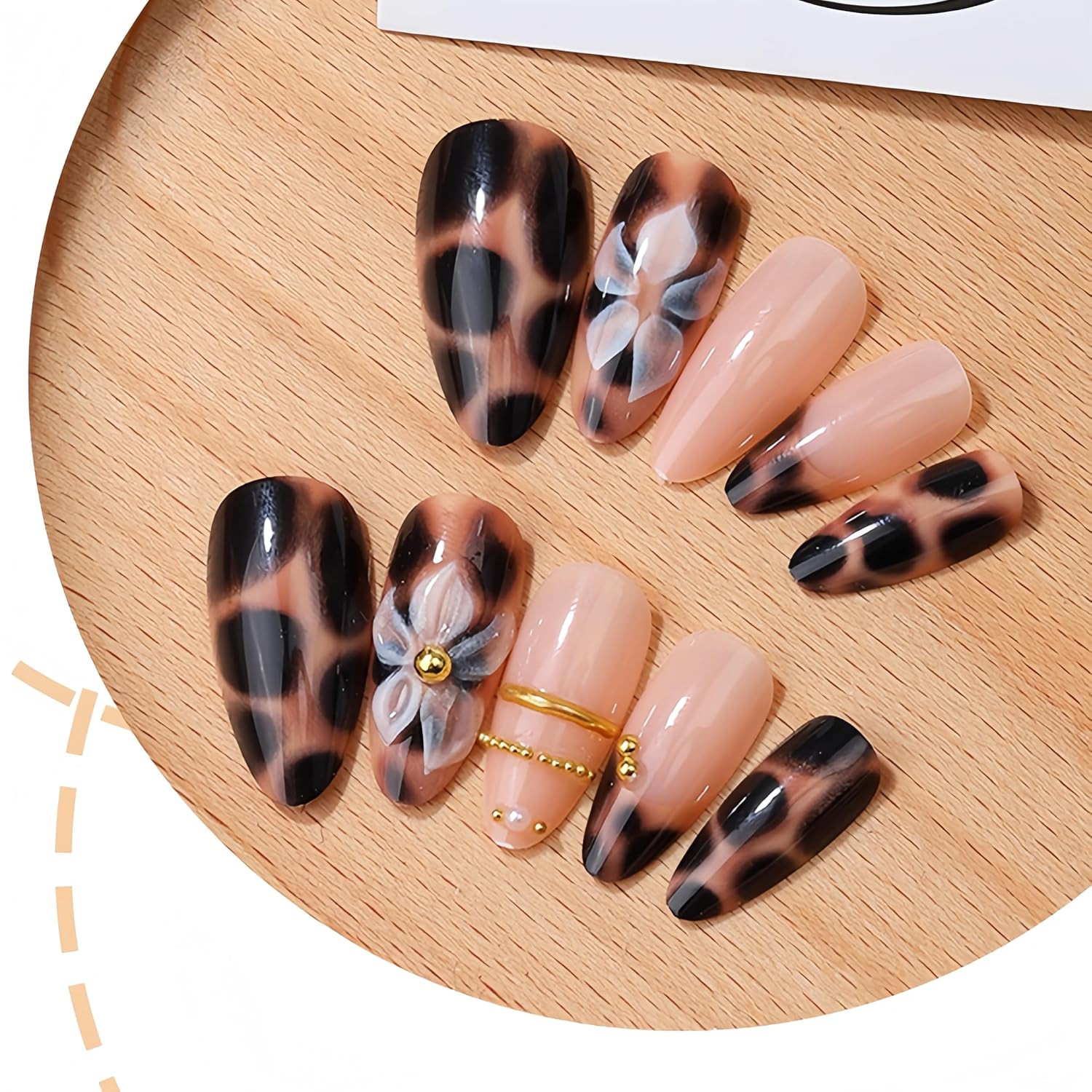 24Pcs 3D Brown Gold Flower Press on Nails Medium Almond Fake Nails with 3D Gold