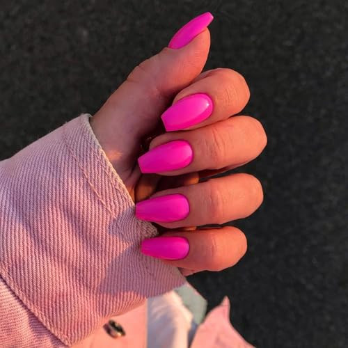 Neon Hot Pink Press on Nails Short Medium Coffin, Solid Color glossy hot pink