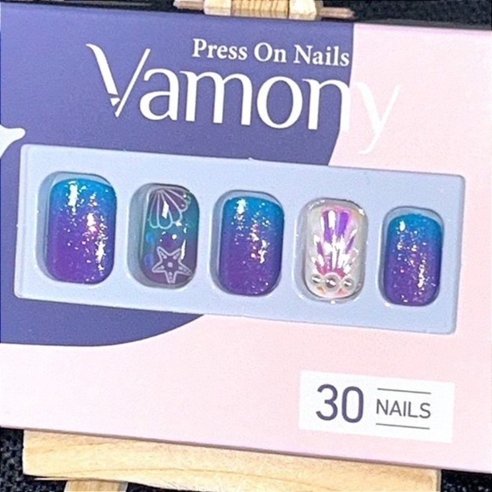 Vamony Mermaid Press On Purple Blue Glitter Shell Starfish Beach Nails 30pcs
