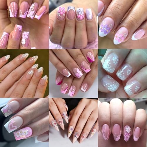 4 Sheets Pink White Flower Nail Art Stickers 3D Embossed Flowers Flowers 05